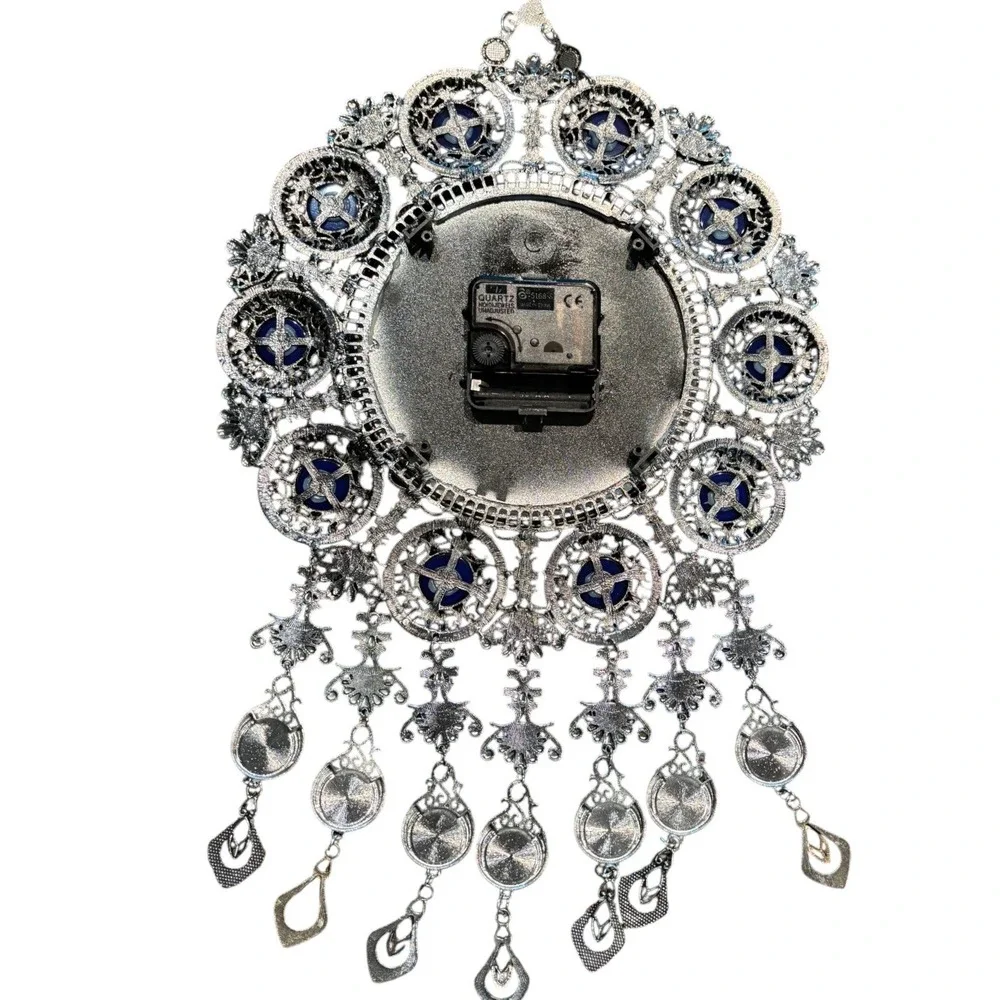 Evil Eye Wall Clock Silver Tone Filigree Nazar Beads Quartz Boho Decor 17.5in‎